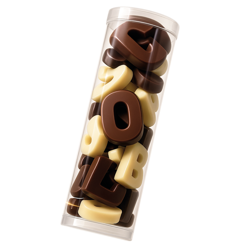 Koker met chocolade lettertjes - inclusief banderol